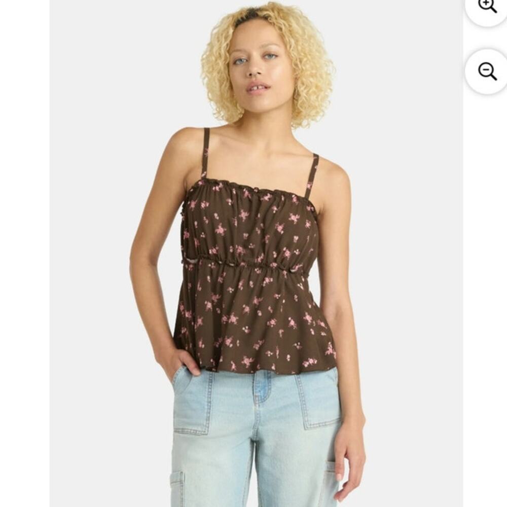 No Boundaries Woven Ruffle Top, Sleeveless Women’s XS Brown pink Floral‎ NWT